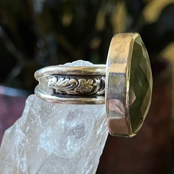Faceted Prehnite Sterling Silver Ring Floral Band by designer Kyri